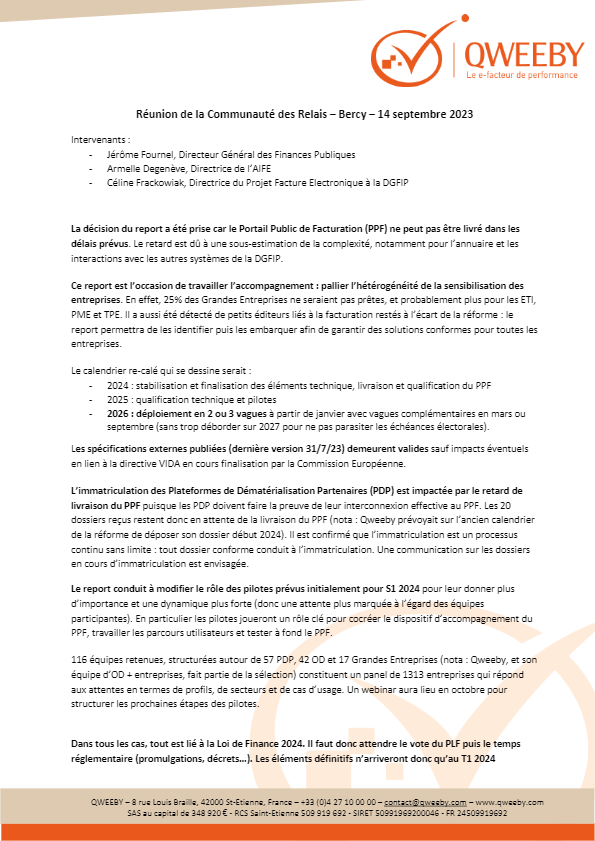 Note de synthèse de la réunion de la Communauté des Relais (Bercy, 14 septembre 2023)